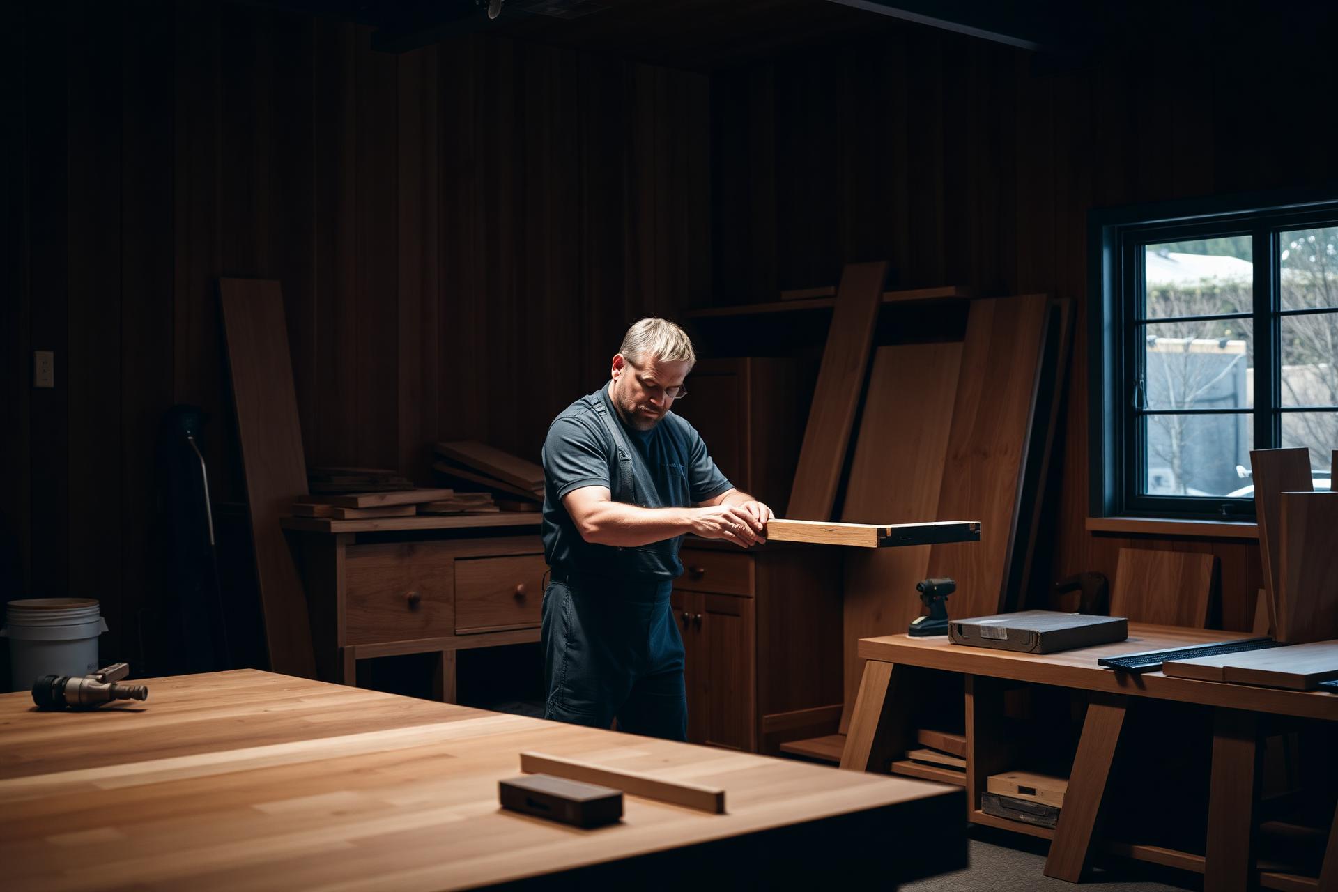 Master craftsman installing custom timber cabinetry